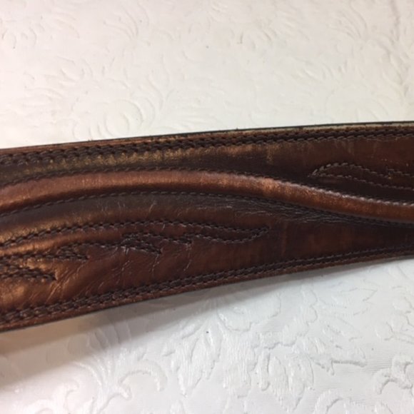 Original Larry Malan's Leegin Brown Leather Stitched Overlay Rodeo Belt Size 44 - Picture 9 of 14